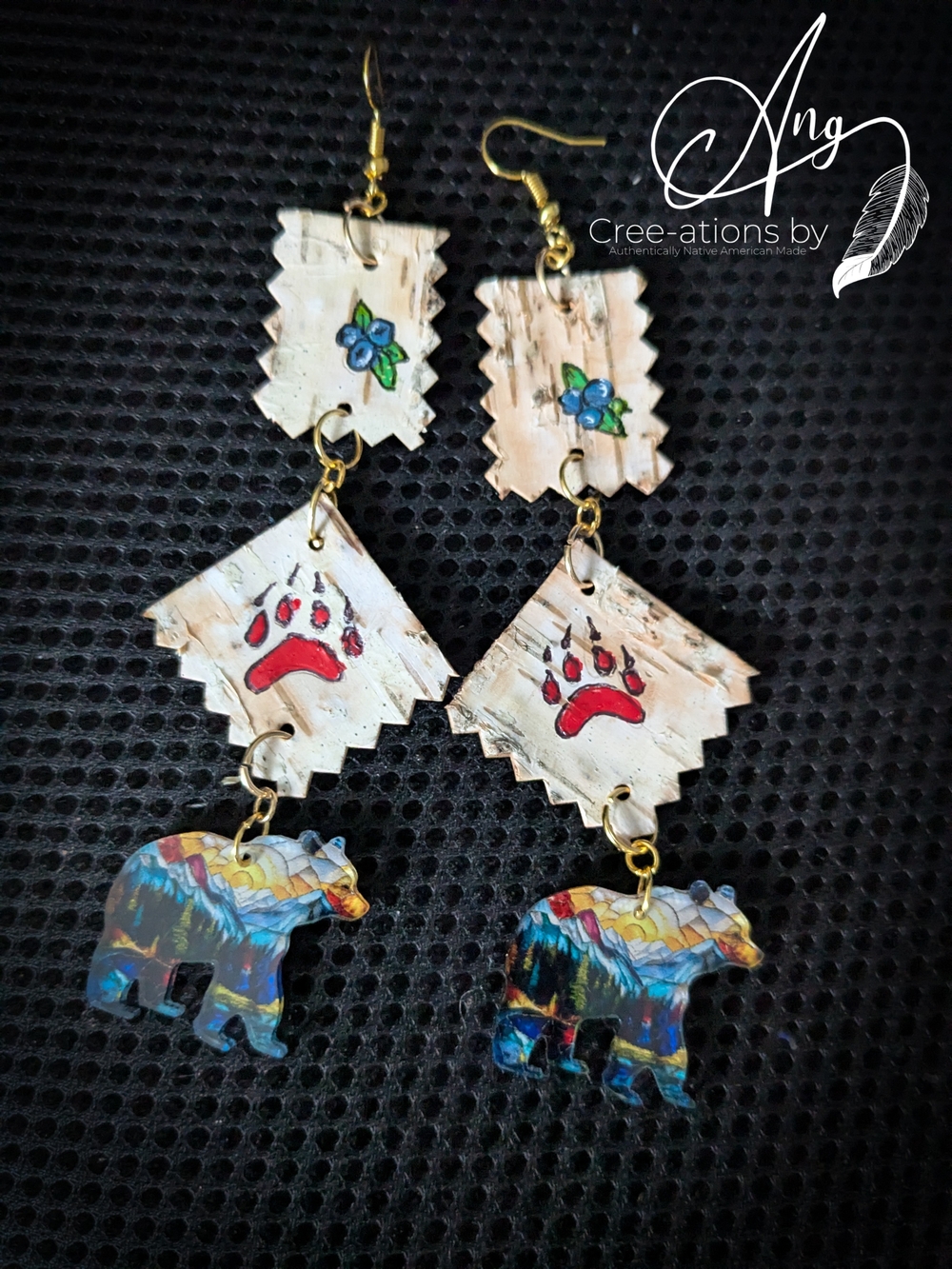 Handpainted Birch Bark Earrings with Paw Print and Berries Stained Glass Bears